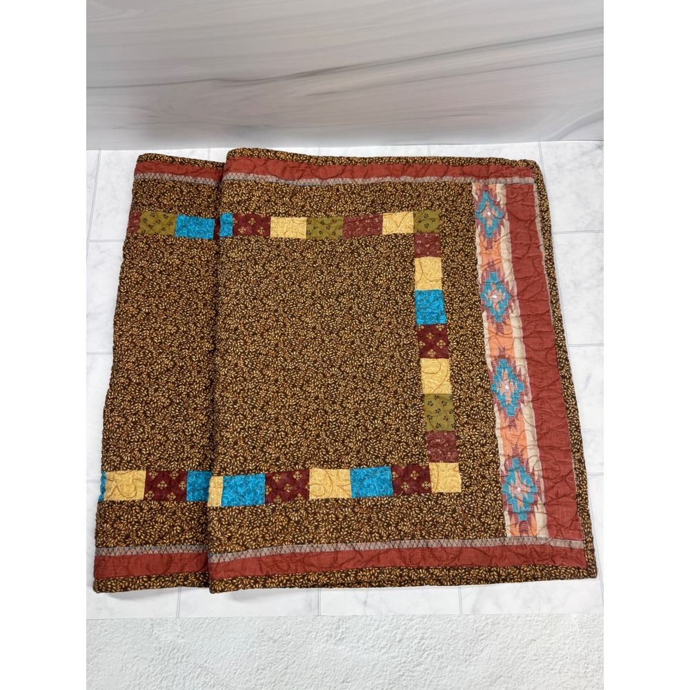 2 Southwestern Quilted Pillow Shams Brown Patchwork Geometric Rustic 20x32